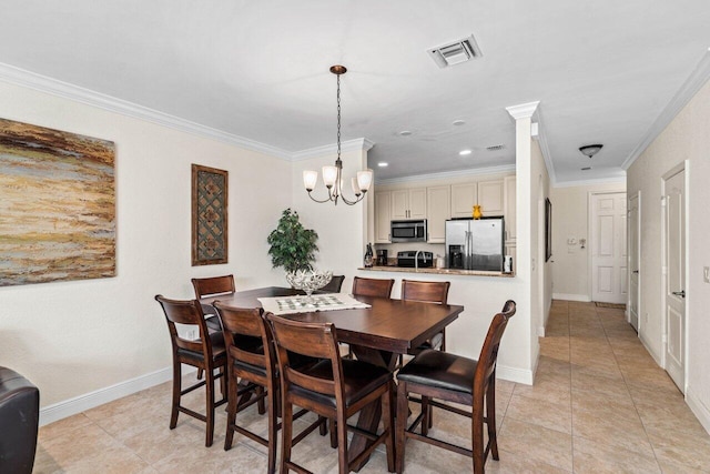 tiled dining room with a notable chandelier and crown molding