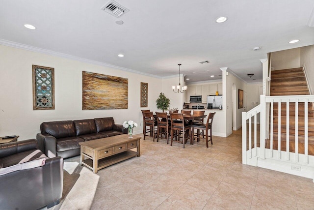 tiled living room featuring crown molding and an inviting chandelier