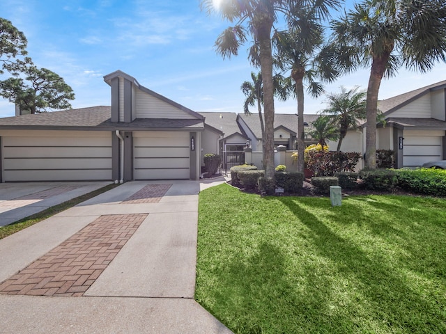 single story home featuring a garage and a front yard