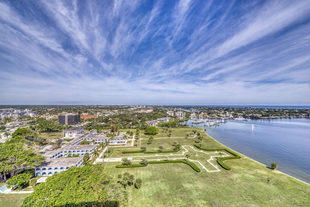 bird's eye view with a water view