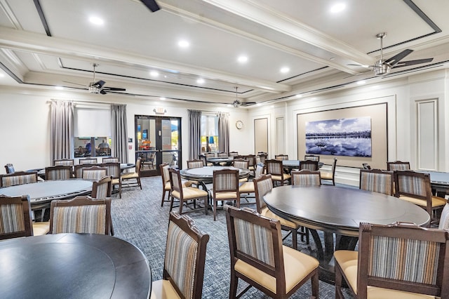 dining area featuring crown molding, ceiling fan, carpet flooring, french doors, and beamed ceiling