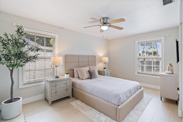 bedroom with light hardwood / wood-style floors and ceiling fan