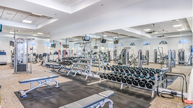 workout area with a drop ceiling and a tray ceiling