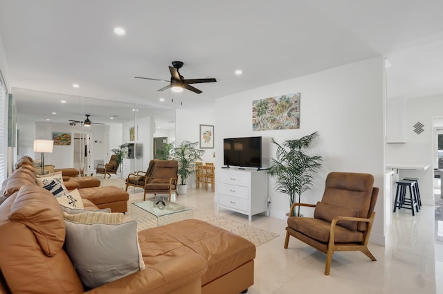 4448 SW 34th Ter, Dania Beach, FL 33312 - living room with a ceiling fan, recessed lighting, and light tile patterned floors