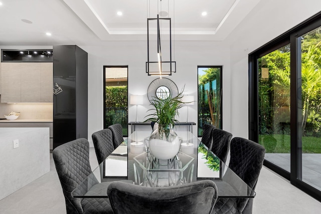 dining room with a raised ceiling