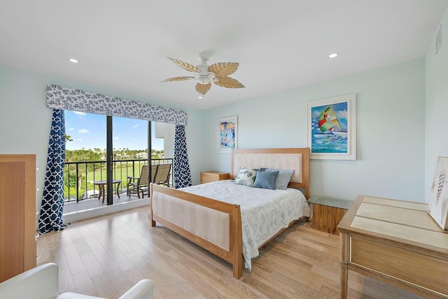 bedroom featuring access to outside, ceiling fan, and light hardwood / wood-style flooring