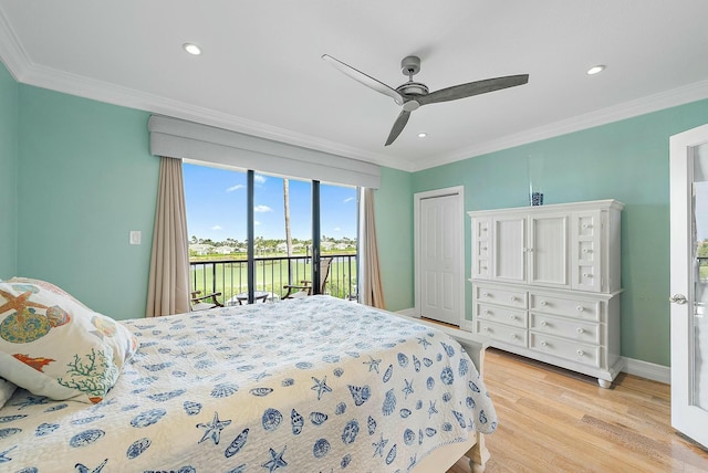 bedroom with crown molding, light wood-type flooring, access to outside, a closet, and ceiling fan