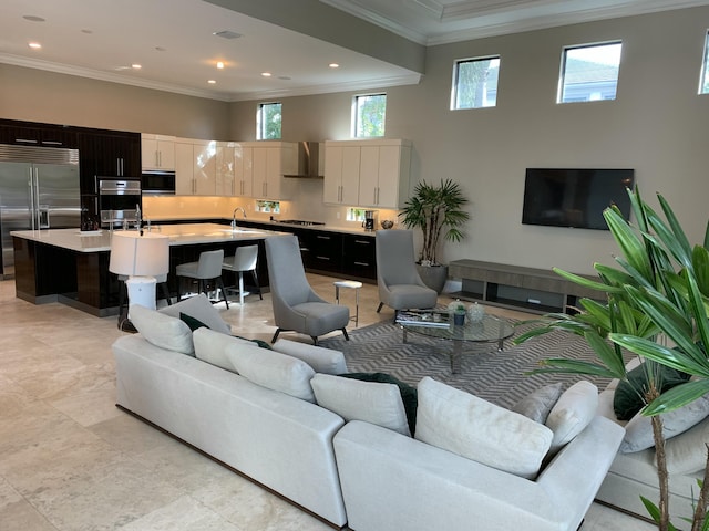 living room featuring a high ceiling, ornamental molding, and sink