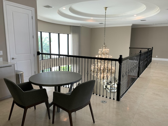 2704 NW 75th St, Boca Raton, FL 33496 - dining area with a tray ceiling, a chandelier, crown molding, baseboards, and recessed lighting