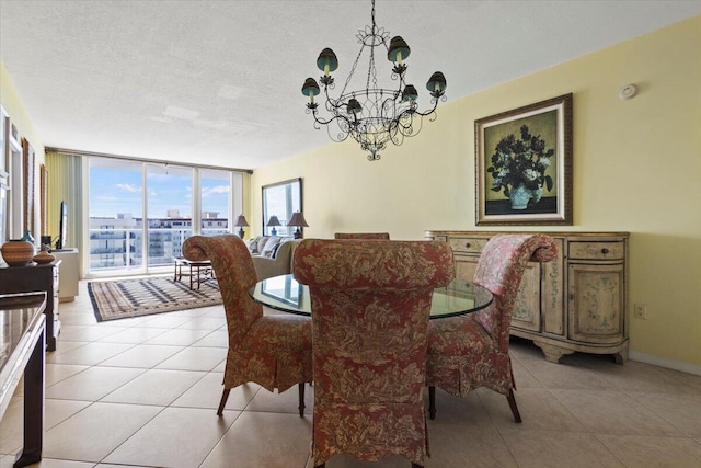 dining area featuring floor to ceiling windows, light tile patterned flooring, a textured ceiling, and a chandelier