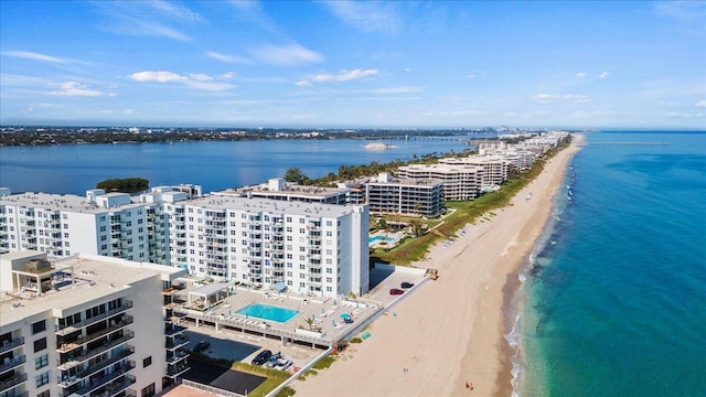 aerial view with a view of the beach and a water view