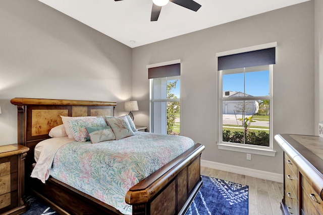 bedroom featuring ceiling fan and light wood-type flooring