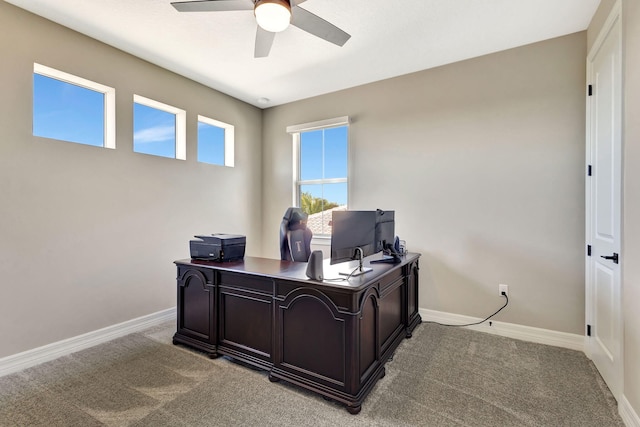 office featuring light colored carpet and ceiling fan