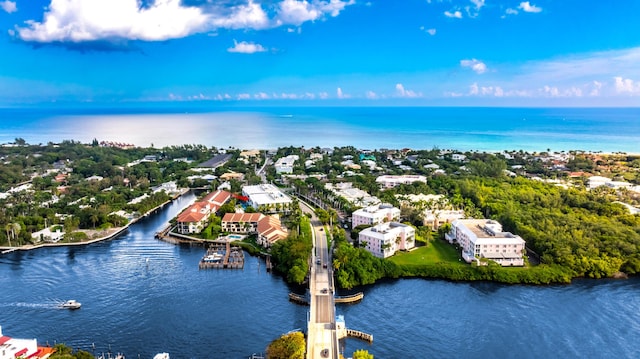 drone / aerial view featuring a water view