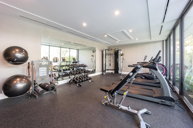 gym featuring expansive windows and a healthy amount of sunlight