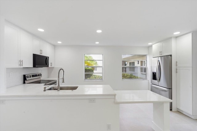 kitchen featuring stainless steel appliances, white cabinetry, sink, and kitchen peninsula