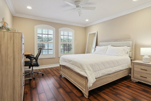 bedroom featuring crown molding, ceiling fan, and dark hardwood / wood-style floors