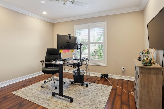 office area with ceiling fan, ornamental molding, and dark hardwood / wood-style floors