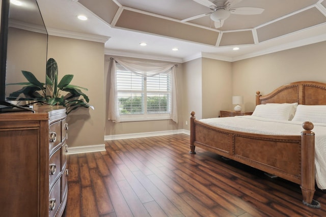 bedroom with crown molding, dark wood-type flooring, and ceiling fan