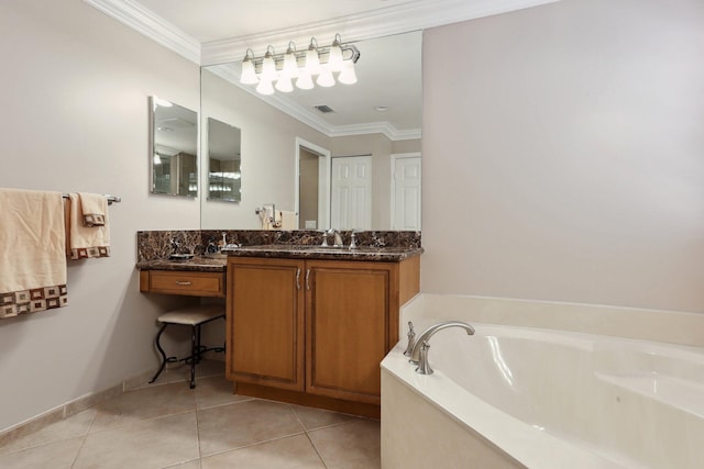 bathroom with a tub to relax in, ornamental molding, tile patterned flooring, and vanity