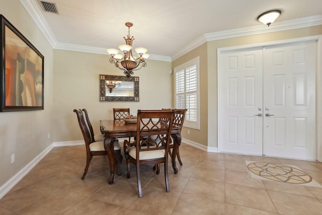 tiled dining space with a notable chandelier and crown molding