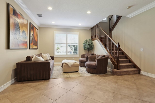 tiled living room featuring crown molding