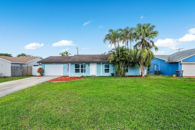 single story home featuring a garage and a front lawn