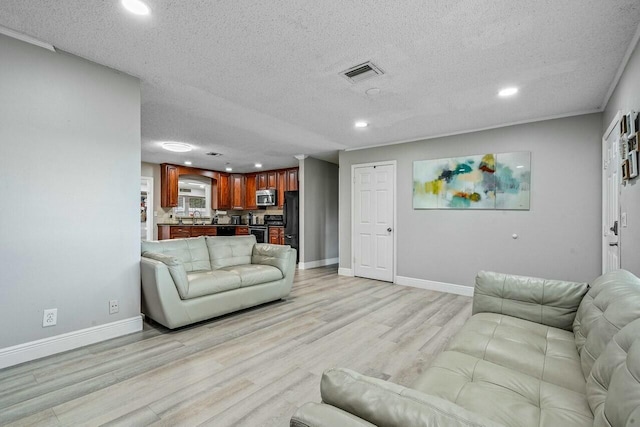 living room featuring sink, a textured ceiling, and light hardwood / wood-style floors