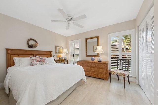 bedroom featuring ceiling fan and light hardwood / wood-style floors