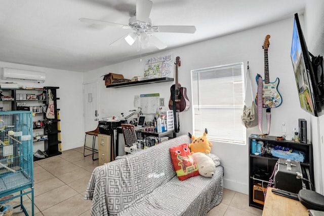 bedroom featuring light tile patterned floors, a wall unit AC, and ceiling fan