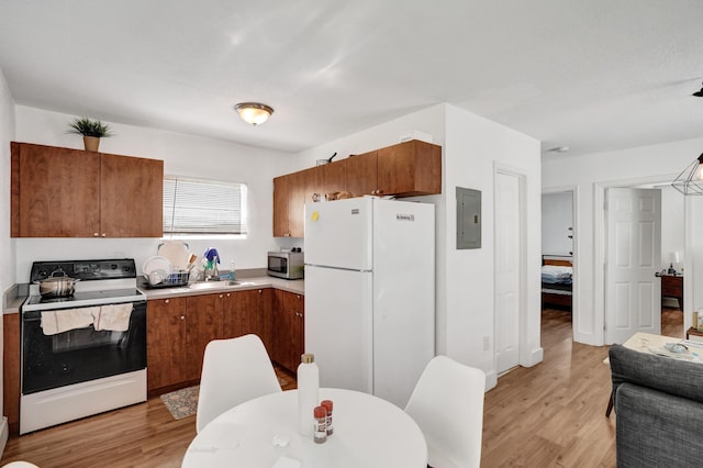 kitchen featuring light hardwood / wood-style floors, white appliances, electric panel, and sink