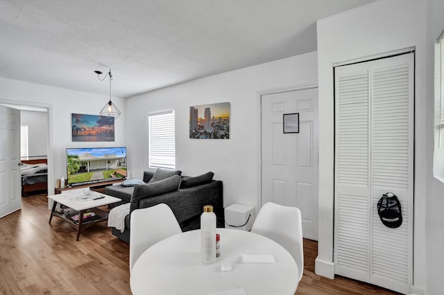 dining space featuring wood-type flooring and a textured ceiling