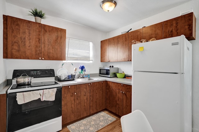 kitchen with hardwood / wood-style flooring, sink, white fridge, and electric range