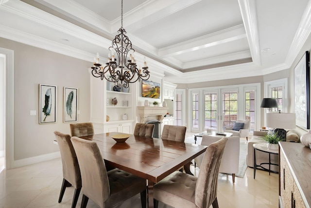 tiled dining space with ornamental molding and a raised ceiling