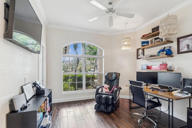 home office with dark wood-type flooring, crown molding, and ceiling fan