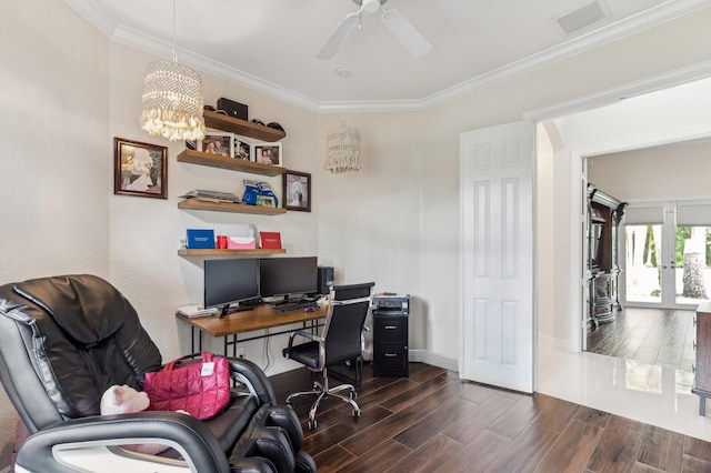 office with crown molding and ceiling fan