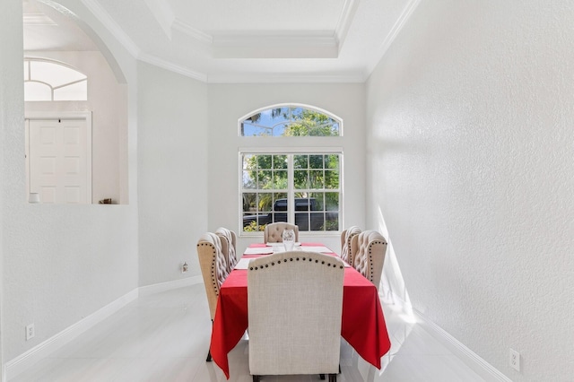 dining area with a tray ceiling and crown molding