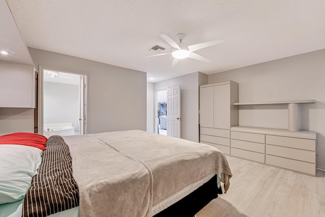 bedroom with ceiling fan, light hardwood / wood-style flooring, and a textured ceiling