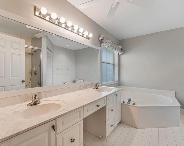 full bathroom with vanity, tile patterned floors, independent shower and bath, and ceiling fan