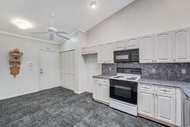 kitchen with lofted ceiling, white cabinetry, tasteful backsplash, stainless steel dishwasher, and range with electric cooktop