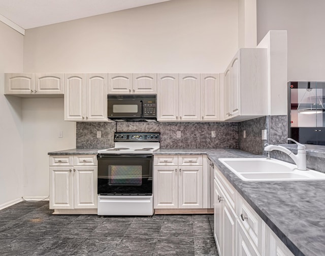 kitchen featuring electric stove, sink, decorative backsplash, and white cabinets