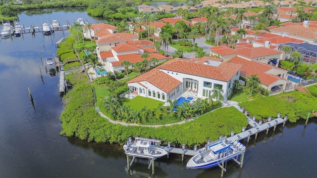 birds eye view of property featuring a water view and a residential view