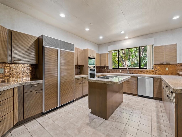 kitchen featuring stainless steel appliances, light tile patterned flooring, a center island, and decorative backsplash