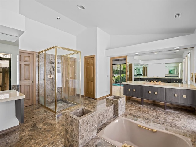 bathroom featuring vanity, high vaulted ceiling, and independent shower and bath