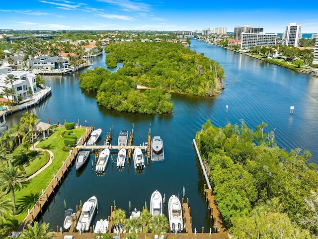 drone / aerial view featuring a water view