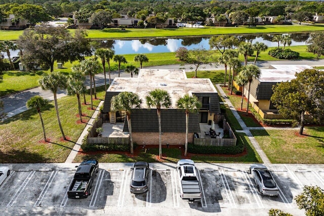 bird's eye view with a water view