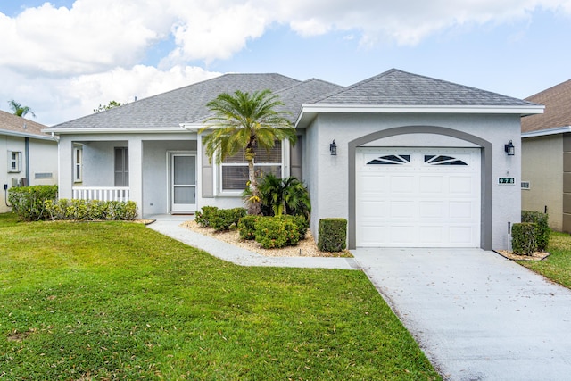 single story home featuring a garage, a porch, and a front yard