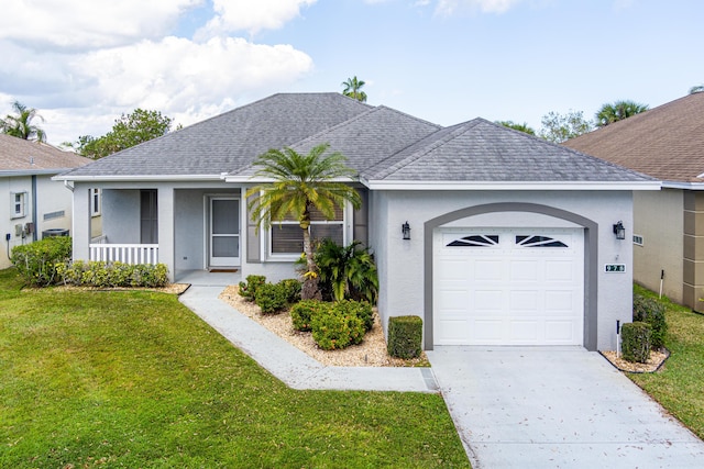 ranch-style home featuring a garage, a front yard, and covered porch