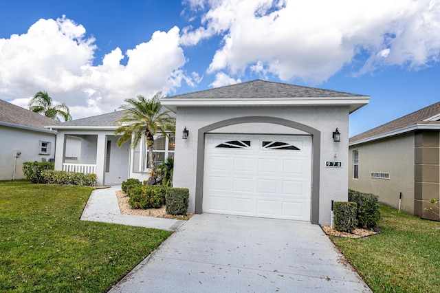 ranch-style home with a porch, a garage, and a front yard