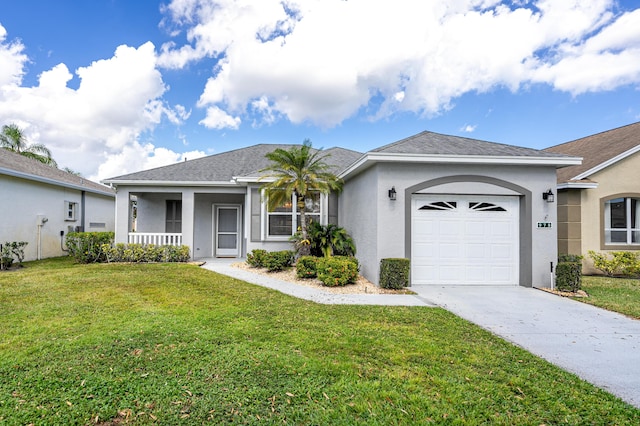 ranch-style home with a garage, a front yard, and covered porch